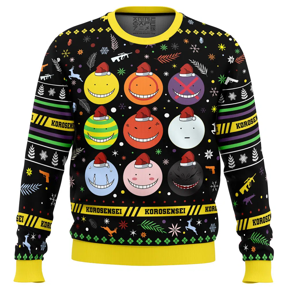 Korosensei Expressions Assassination Classroom Ugly Christmas Sweater FRONT mockup - Assassination Classroom Merch