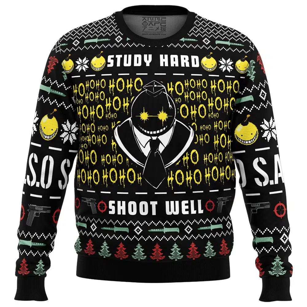 Study Well Shoot Hard Assassination Classroom Ugly Christmas Sweater FRONT mockup - Assassination Classroom Merch